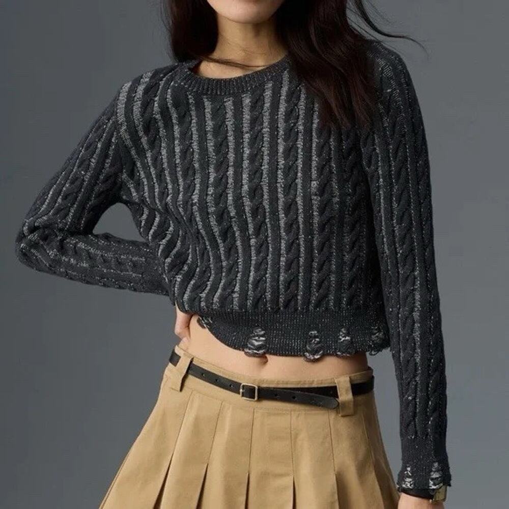 Anthropologie Pilcro Sweater Size L Navy Blue Distressed Thick Knit Long Sleeve